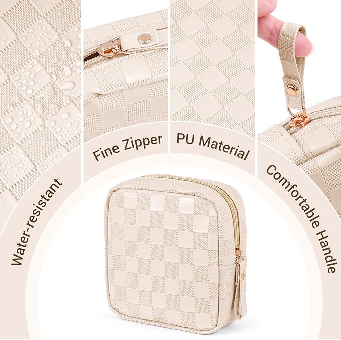 MAGEFY Small Makeup Bag for Purse, Checkered Makeup Bag Small Pouches for purse Leather Mini Make Up Bag Cute Cosmetic Bag for Women with Slip-in Pockets.Beige