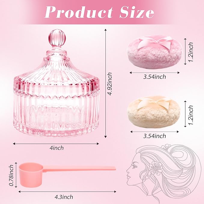 5PCS Body Powder Puff and Container, Coolrunner Crystal Clear Powder Container with Powder Spoon, Dusting Powder with Puff for Women, Washable Reusable (Pink)