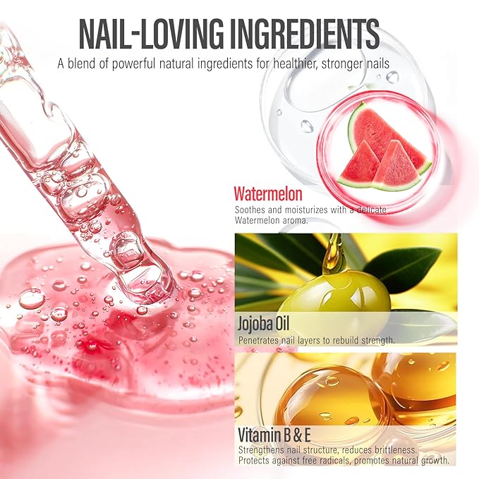 CHUCHU Nail Cuticle Oil Strengthener - Watermelon Scent Repair Growth Moisturizing Treatment - Natural Jojoba Vitamin B & E for Dry Cracked Nails
