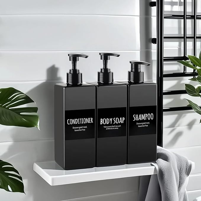Deroanbot 3 Black Plastic Bottles and Pump - Shower Soap and Shampoo Dispenser - 16.9 oz Reusable Bathroom Bottle