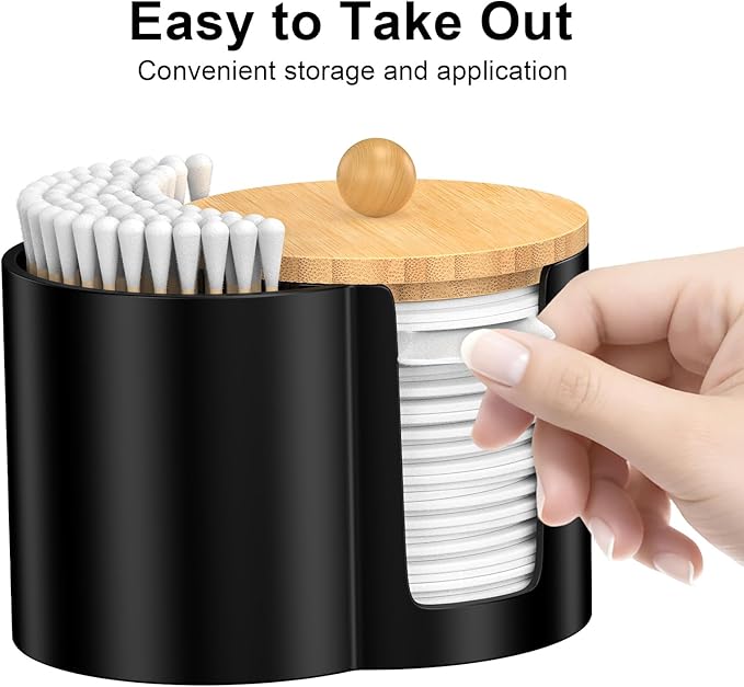 Cotton Pad Swab Holder, Q tip Holder Round Makeup Pads Dispenser Small Plastic Swabs Dispenser with Lid, Bathroom Accessories Storage Organizer for Floss Picks, Black