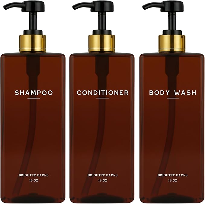 Amber Shampoo and Conditioner Dispenser Set by Brighter Barns - Empty Body Wash Bottle with Pump - Refillable Shampoo Dispenser for Shower, Guest Bathroom, Spa, Airbnb Decor, Housewarming Gift (Amber)
