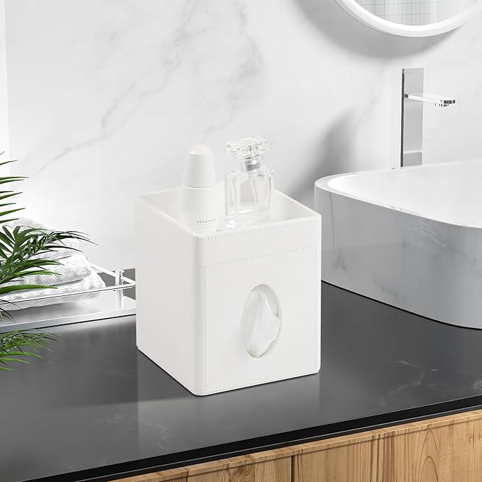 Tissue Box Cover, PU Leather Square Tissue Box Holder with Storage Tray for Bathroom Vanity Countertop Night Stands Bedroom Office Desk, Stylish Tissue Holder Decorative Organizer
