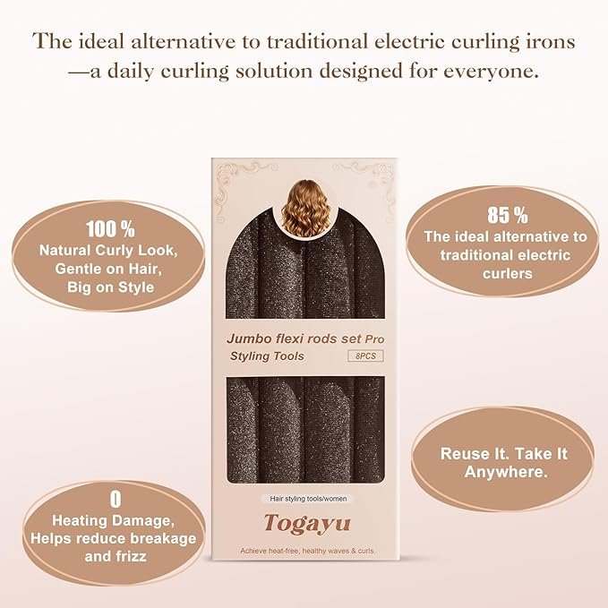 Heatless Curls Overnight Set - 8PCS Jumbo Velvet Hair Rollers to Sleep In, No-Damage Flexi Rods for Beautiful, Effortless Curls and Waves for Women