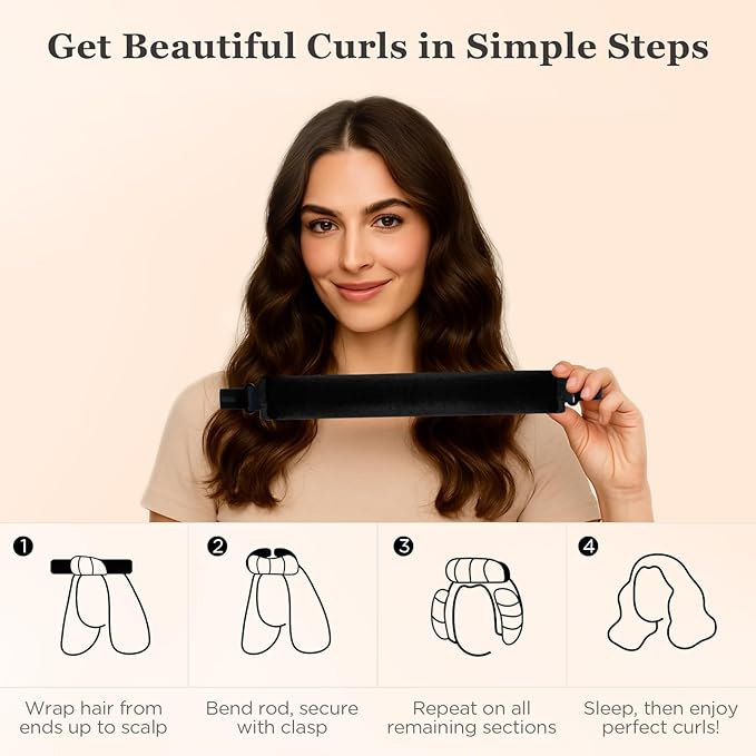 Heatless Hair Curler Set – 4PCS Velvet Overnight Blowout Rods for Heatless Curls, Jumbo Flexible Curling Rods to Sleep In, No Heat Curling Tools for Natural Waves and Curls Black