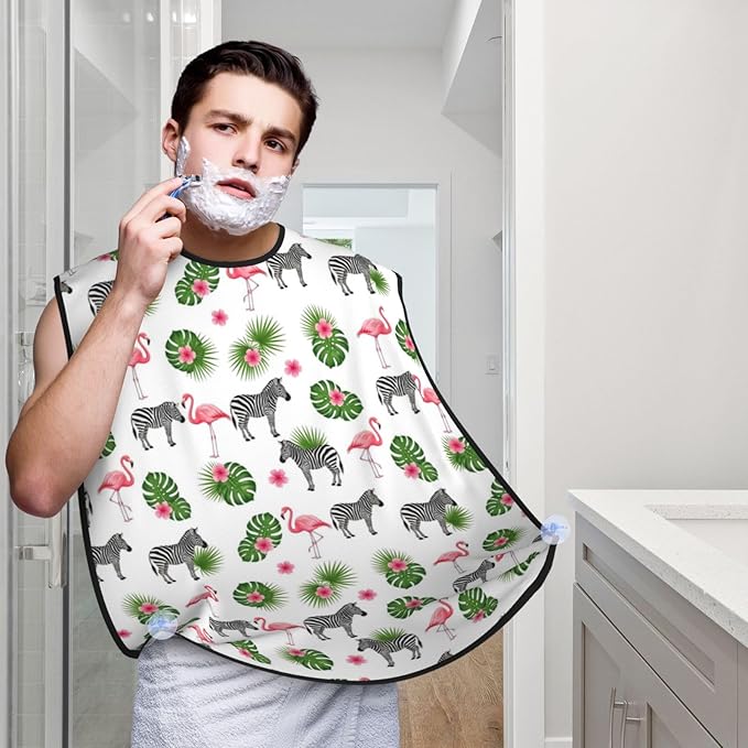 No-Slip Shaving Bib, Beard Grooming Apron with Strong Suction Cups, Green Palm Leaf Zebra Pink Flamingo Floral