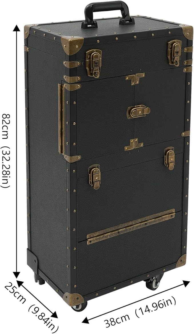 Rolling Makeup Case Large Storage Cosmetic Trolley, Rolling Lockable Makeup Train Case, Stylist Beauty Salon Cosmetic Luggage Travel Organizer Tool Box with Hair Dryer Holder (Black)
