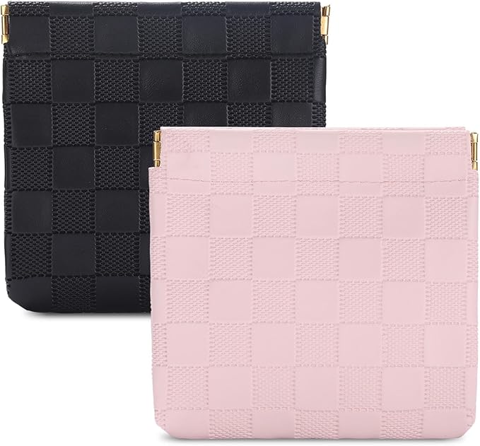 Sightor 2PCS Small Makeup Bag for Purse, Mini Cosmetic Bag Waterproof Pouch for Women, Checkered Purse Self-closing Coin Lipstick Small Leather Cosmetic Pouch (Black, Pink)