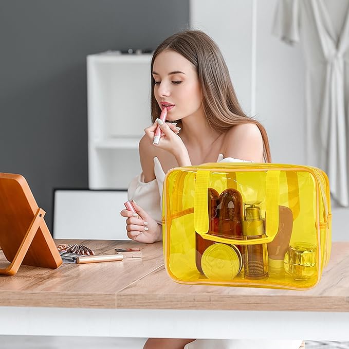 PVC Clear Pure Color Transparent Large Zipper Cosmetic Pouch Travel Makeup Cosmetic Bag with Handle for Travel Bathroom Toiletry Organizer (A23014-101-7)