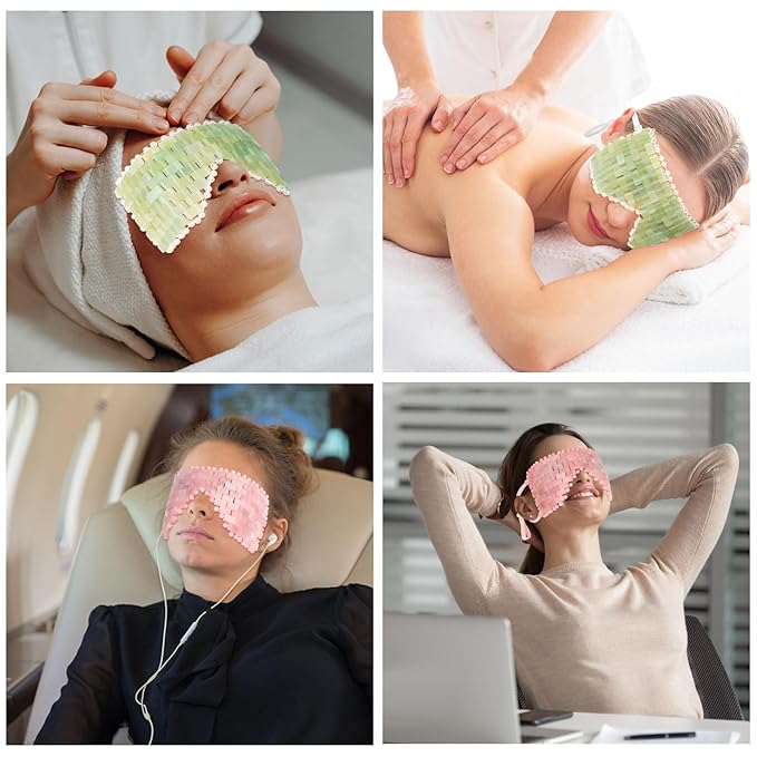 Natural Jade Eye Mask and Rose Quartz Eye Mask Set - Soothing & Relaxing Alleviate Puffiness and Migraines with Cooling and Warming Therapy (2 Pcs)