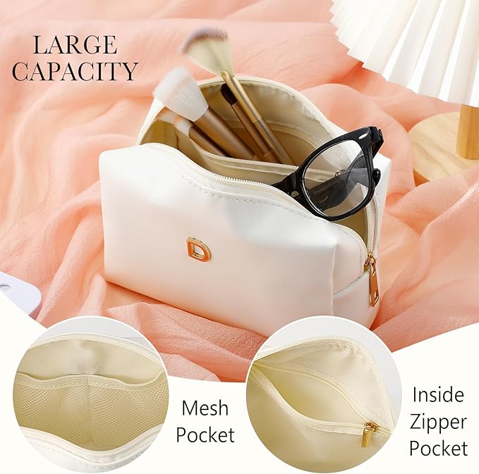 Kigeli Initial Makeup Bag for Women Beige Leather Easter Basket Gifts Monogram Cosmetic Bag Small Travel Toiletry Pouch Wedding Birthday Graduation Bridesmaid Gifts for Teen Girls Women Teachers