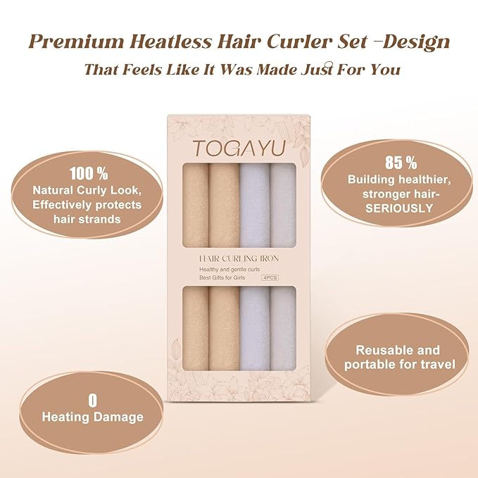 Heatless Curls Overnight Set - 4PCS Jumbo Velvet Hair Rollers to Sleep In, Soft Flexi Rods for No Damage Curls and Waves - For All Hair Types and Texture