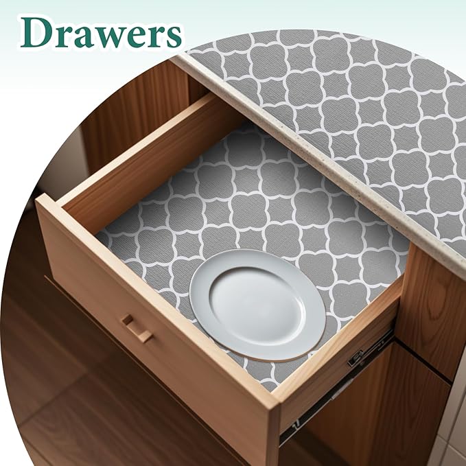 Shelf Liners for Kitchen Cabinets 12in x 20FT Non Adhesive Drawer Liner Gray Quatrefoil Thickened Shelf Liner Paper Strong Non-Slip Easy to Clean for Tool Box Refrigerator with Knife and Tape Measure