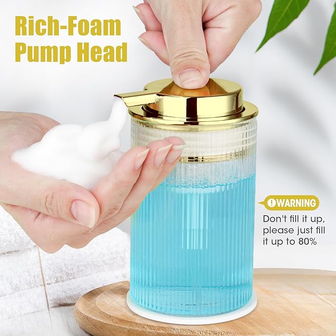 NiHome 14oz Multifunctional Glass Foaming Hand Soap Dispenser with Elegant Stripe Pattern, High-Capacity Easy to Refill for Home & Commercial Use, Advanced Foam Pump & Non-Slip Base (Gold)