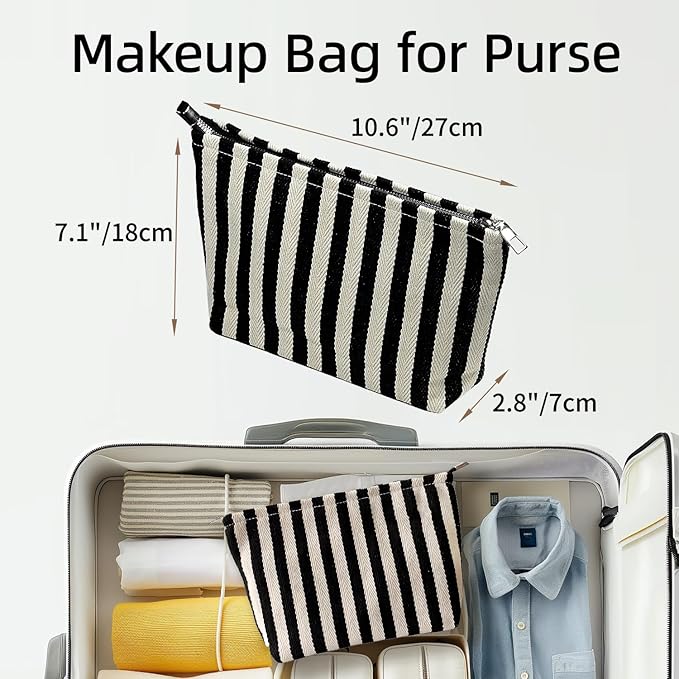 Makeup Bag for Women, Striped Makeup Bag, Travel Makeup Pouch for Purse, Canvas Cosmetic Bag with Zipper lining , Small Travel Pouch for Toiletry, Sunscreen, Sunblock, Hygiene, Skincare, Medicine