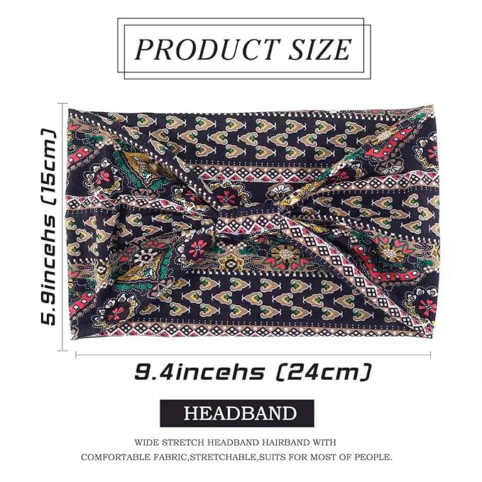 Olbye Wide Boho Headbands Floral Stretch Head Wraps Bohemian African Turban Hairbands Knotted Bandana Headband Yoga Running Head Scarfs Workout Hair Accessories for Women 4Pcs (Boho, 9.4 * 5.9'')