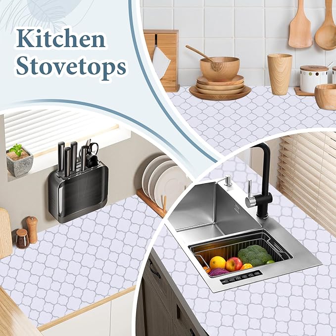 Shelf Liners for Kitchen Cabinets 12in x 30FT Non Adhesive Drawer Liner Silver Quatrefoil Shelf Liner Paper Strong Non-Slip Easy to Clean for Tool Box Refrigerator with Knife and Tape Measure