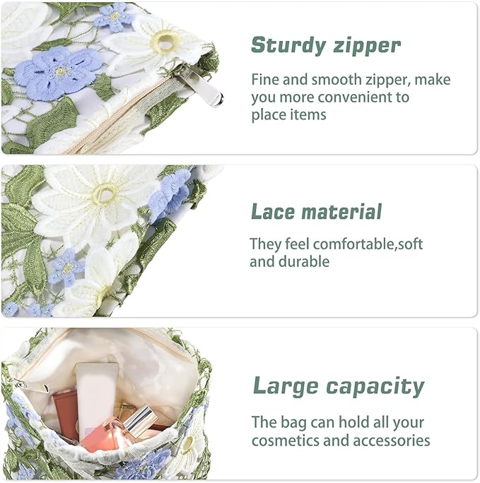 Flower Makeup Bags Travel Large Floral Cosmetic Bag for Women Cute Makeup Pouch Zippered Portable Toiletry Bag Lace Trendy Aesthetic Make up Organizer Bag Cosmetic Pouch for Purse