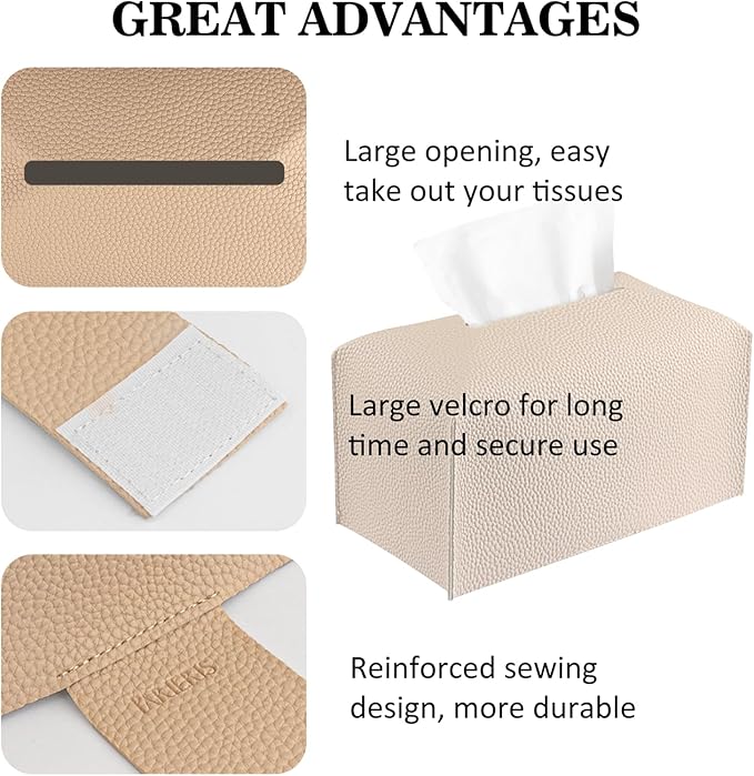 Tissue Box Cover PU Leather Tissue Holder Rectangle Facial Tissue Case Tissue Box Organizer Dispenser for Bathroom, Kitchen, Home, Office, Tabletop (SoftBeige, Tall)