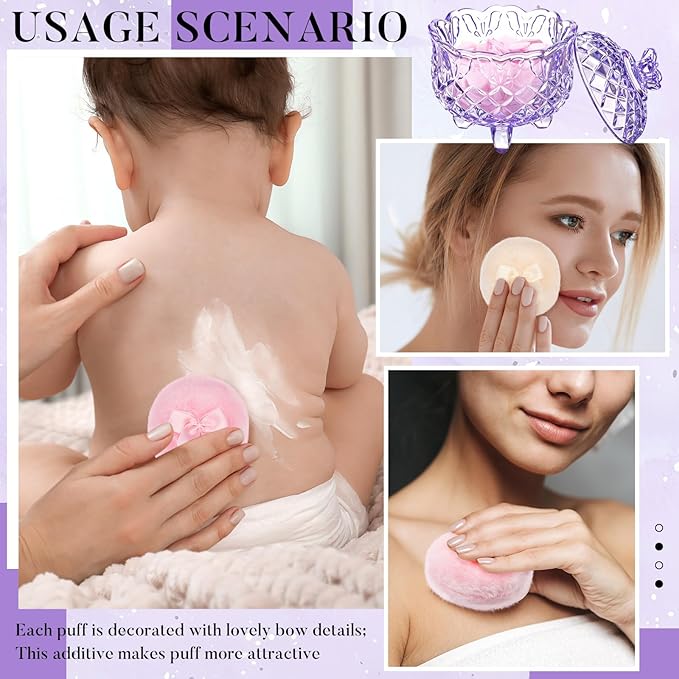 Tioncy 3 Pcs Large Body Powder Puff and Container Valentine's Day gift Powder Container with Puff Crystal Case Soft Washable Reusable Velour Face Body Glitter Wet Dry Makeup(Butterfly,Purple)