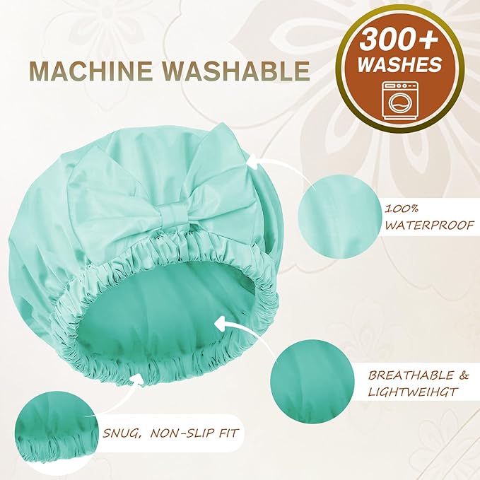 Reusable Shower Cap for Women with Stylish Bow, Non-Slip Waterproof Anti Humidity Bathing Cap, Roomy Anti Frizz for Short Medium Straight Wavy Hair, Soft Elastic & Machine Washable, Aqua