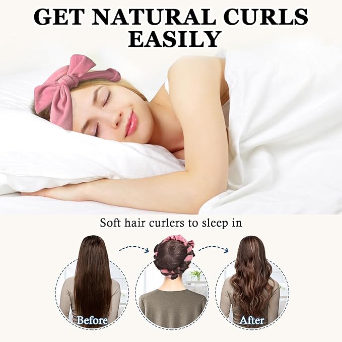 Soft Overnight Curl Headband, 70" Hair Curlers Ribbon Wrap for Long Hair with 9 PCS Rods and Yoga Strap - Pink