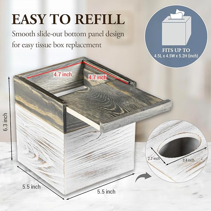 MyGift Coastal Chic Square Tissue Box Cover, Two-Tone Whitewashed Solid Wood Facial Tissue Box Dispenser Cover with Vintage Graywashed Base and Easy Slide-Out Bottom Panel, 5.5 x 5.5 x 6.3 Inches