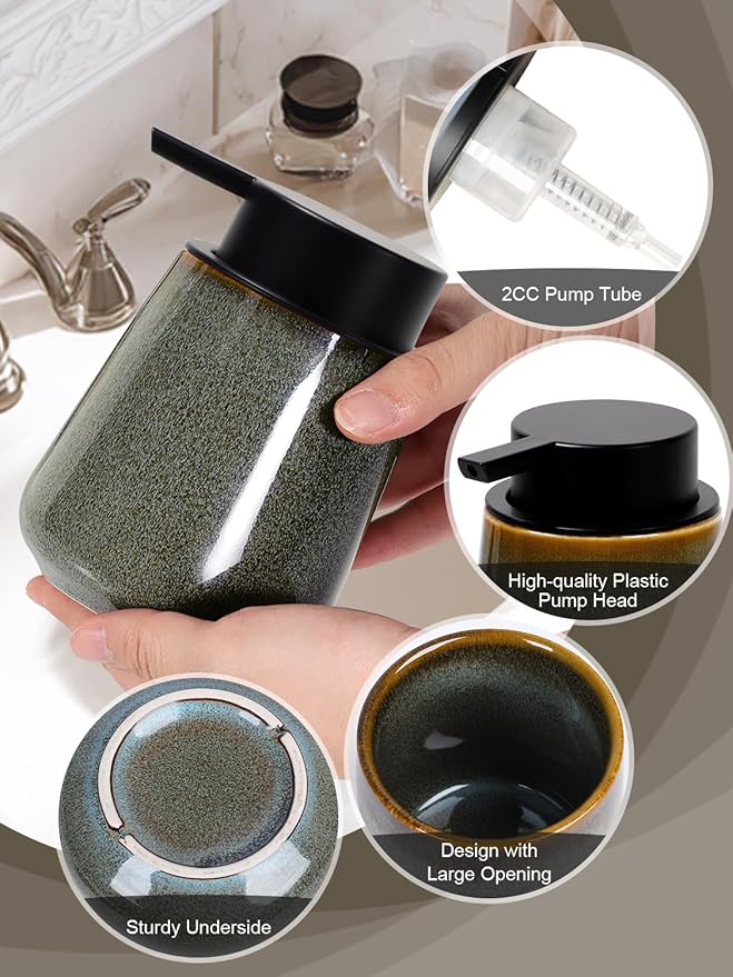 INGOFIN Ceramic Foaming Soap Dispenser -12oz Foam Hand Soap Dispenser Bathroom, Modern Refillable Dish Wash Soap Bottle for Kitchen with Large Pump -Kiln-Glazed Blue Green