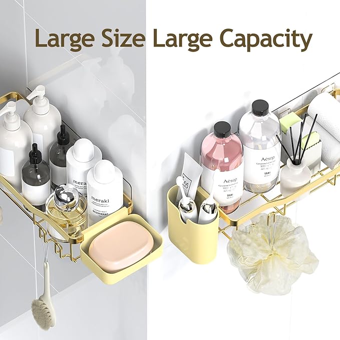 Shower Caddy Adhesive Shower Organizer 7-Pack, Rustproof Stainless Steel Bathroom Shelves, Large Capacity No-Drill Rack Storage Accessories with Soap Dish Toothbrush Holder Hooks
