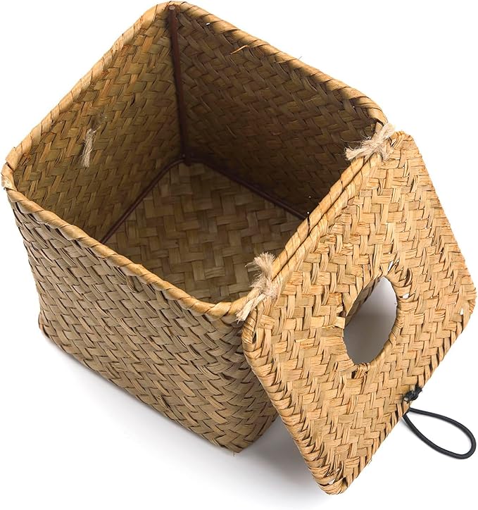 Tissue Box Cover Square, Seagrass Tissue Box Holder, Woven Facial Tissue Holder, Rattan Wicker Tissue Box, Decorative Tissue Cover for Dinner Table, Living Room, Bathroom, Bedroom, Office (Natural)