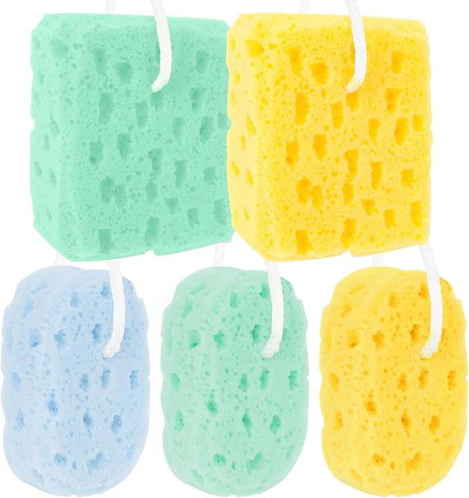 5Pcs Bath Sponge - Sponge Loofah Body Scrubber Bath Sponges for Shower Soft Exfoliating Shower Pouf Body Sponges for Women, Men, Teenager Large Size Rich Lather 3 Colors