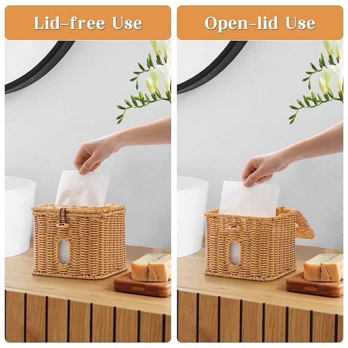 Facial Clean Skin Club Face Towels Holder for Bathroom, Plastic Rattan Disposable Face Towel Holder, Farmhouse Style for XL Face Towels Box Basket with Lid, Light Brown