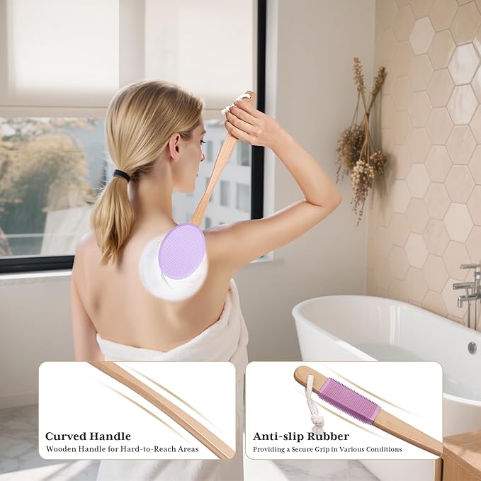 AmazerBath Lotion Applicator for Back, Feet, 4 Replaceable Pads with Long Handle, Back Sunscreen Applicator for Elderly, Women, Apply Cream Medicine Skin Cream Moisturizer Sunscreen Tanner, Purple