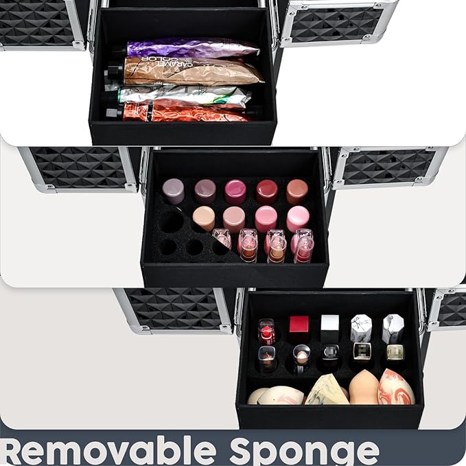 Hododou Rolling Makeup Case Cosmetic Travel Trolley Storage Sliding Drawer 4 Tray Makeup Travel Case with Wheels Salon Barber Case Traveling Cart Trunk for Cosmetologist Nail Tech Hairstylist Black