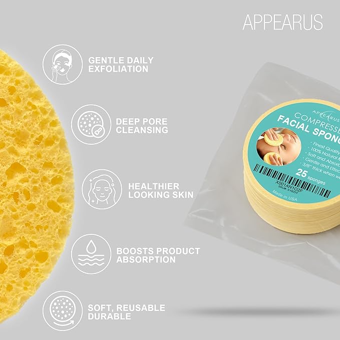 Appearus Natural Cellulose Facial Sponges – 25 Pack (Compressed) – Professional Spa Facial Sponge Pads for Cleansing, Exfoliating, Makeup Removal – Natural Yellow – Gentle on Sensitive Skin