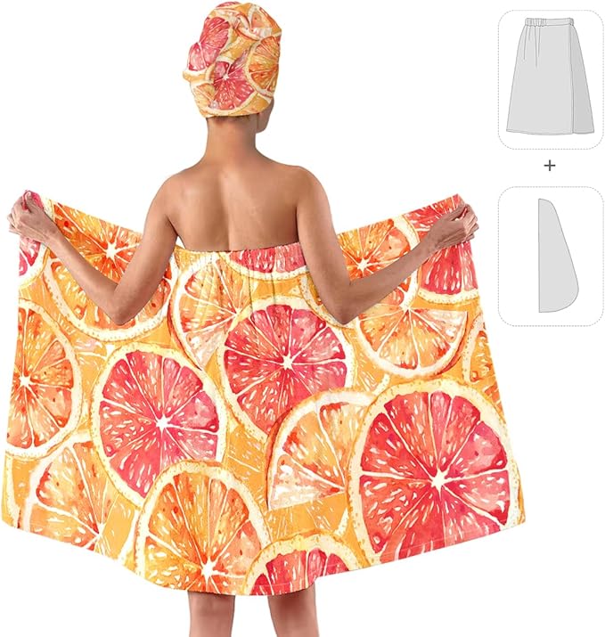 Citrus Print Bath Wrap and Hair Drying Towel Set – Microfiber Quick Dry Shower Body Wrap for Women, Absorbent Spa Skirt with Elastic Band and Orange Grapefruit Pattern (Citrus 2)