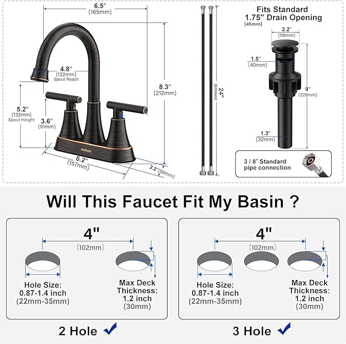 Bathroom Faucets for Sink 3 Hole, Hurran 4 inch Oil Rubbed Bronze Bathroom Sink Faucet with Pop-up Drain and Supply Hoses, Stainless Steel Lead-Free Centerset Faucets for Vanity RV
