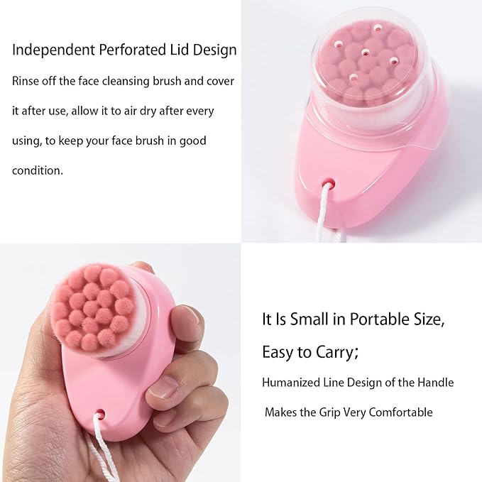 Facial Cleansing Brush 2 in 1 for Face Exfoliation, 2 Pack Soft Microfiber Bristle Brush for Pore Deep Cleansing, Dual Face Silicone Scrubber Brush for Skincare with Lid, Pink