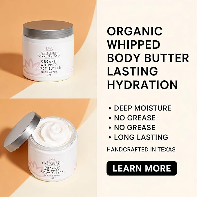 GLIMMER GODDESS Organic Whipped Body Butter for Women - Moisturizer Cream with Shea & Cocoa Butter, Almonds & Coconut Oil - Coconut, 8oz