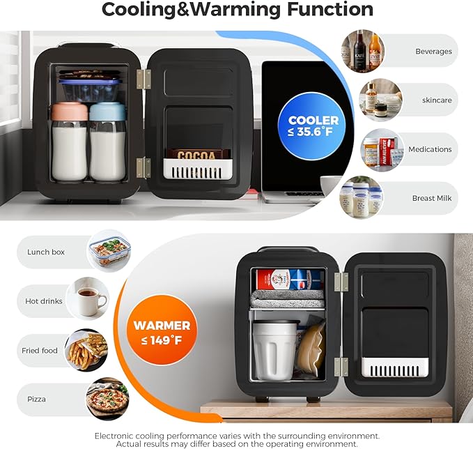 Mini Fridge, 4 Liter/6 Can Mini Makeup Fridge, 110V AC/ 12V DC Portable Thermoelectric Cooler&Warmer for Skincare, Drink, Cosmetic, Medicine, Small fridge for Bedroom, Office, Dorm, Car, Black