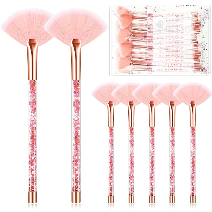 Nuenen 12 Pcs Soft Fan Facial Brushes Mask Acid Applicator Brush for Mud Cream Blush Makeup Peel Glycolic Multi Use Cosmetic Tools with Glitter Quicksand Handle and Pouch(Pink)