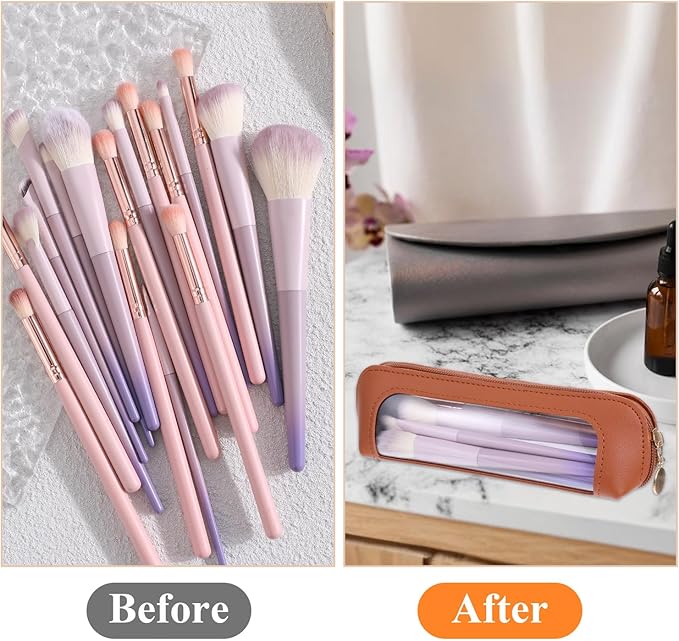 Small Clear Makeup Pouch, PU Leather Makeup Brush Bag Portable Travel Mini Cosmetic Bag Transparent Waterproof Organizer Pouch with Zipper for Women Home Travel Office Cosmetic Storage (Brown)
