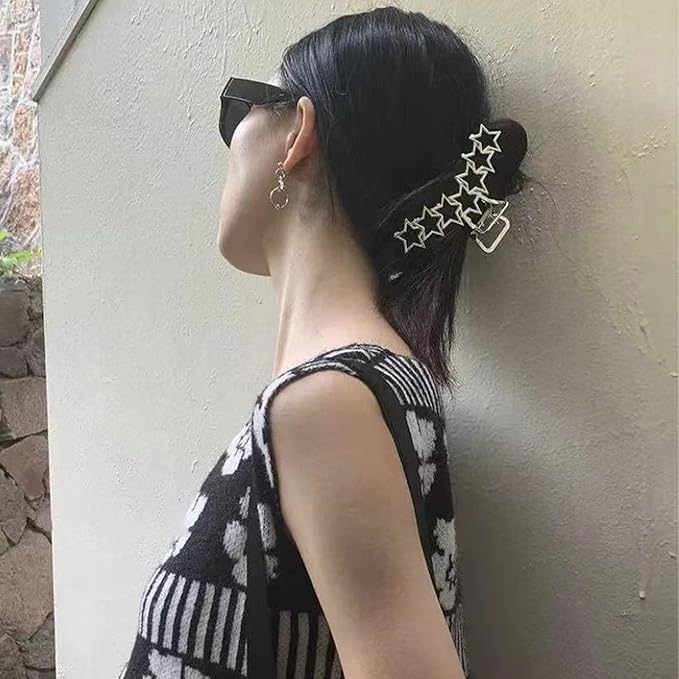 2PCS Y2k Metal Hair Claw Clips Star Heart Hair Clips for Women Big Nonslip Design Claw Hair Clips for Thick and Thin Hair Stitching Silver Large Hair Accessories for Women and Girls.