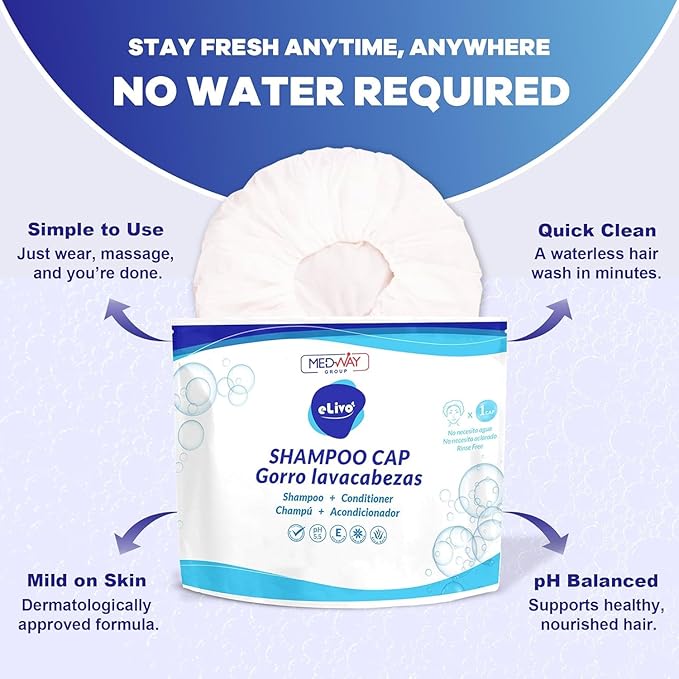 Gentle No Rinse Shampoo Caps - Fabric Hair Washing Cap w/Conditioner & More - Natural PH-balanced Waterless Bath for all Hair Types - Shampoo Caps for Elderly for Travel & Much More (6 Pack)