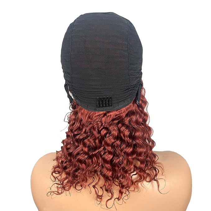 XSY Headband Wig Human Hair Curly Reddish Brown 150% Density Brazilian Virgin Hair #33 Red-Brown Deep Wave Headband Wig Glueless None Lace Front Wig 18 Inch