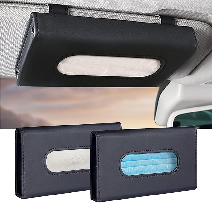 Car Tissue Holder, 2 Pack Sun Visor Napkin Holder, Premium PU Leather, Car Mask Holder for Sun Visor Vehicle, with Tissue Refill, Black&Beige