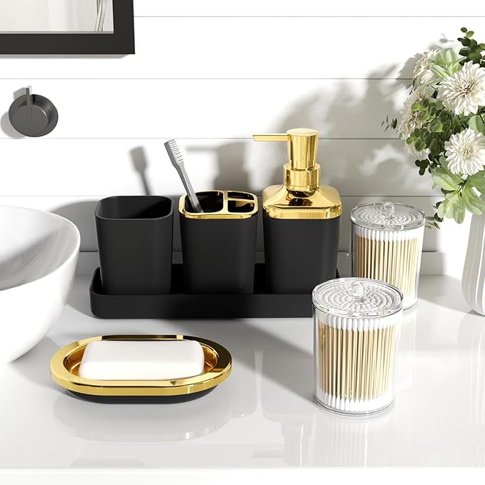 Bathroom Accessories Set - Luxury Black Bathroom Set, 9 Pieces Bathroom Accessory Set, Black Bathroom Accessories with Trash Can, Toilet Brush & Soap Dispenser