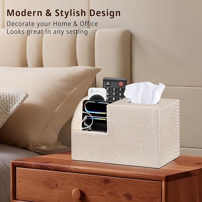 PU Leather Square Tissue Box Cover - Multi-Functional Tissue Box Holder, Tissue Box Cover with Storage ,Tissue and Remote Control Holder, Cube Tissue Box Organizer Bedroom Nightstand End Table