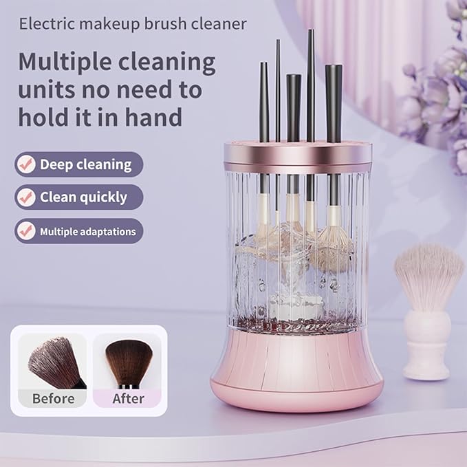 Electric Makeup Brush Cleaner Machine, Automatic USB Cosmetic Brushes Cleaner Tool Makeup Brush Cleaner for Makeup Sponges and Brushes, Washing and Drying Holder Combined(Pink)