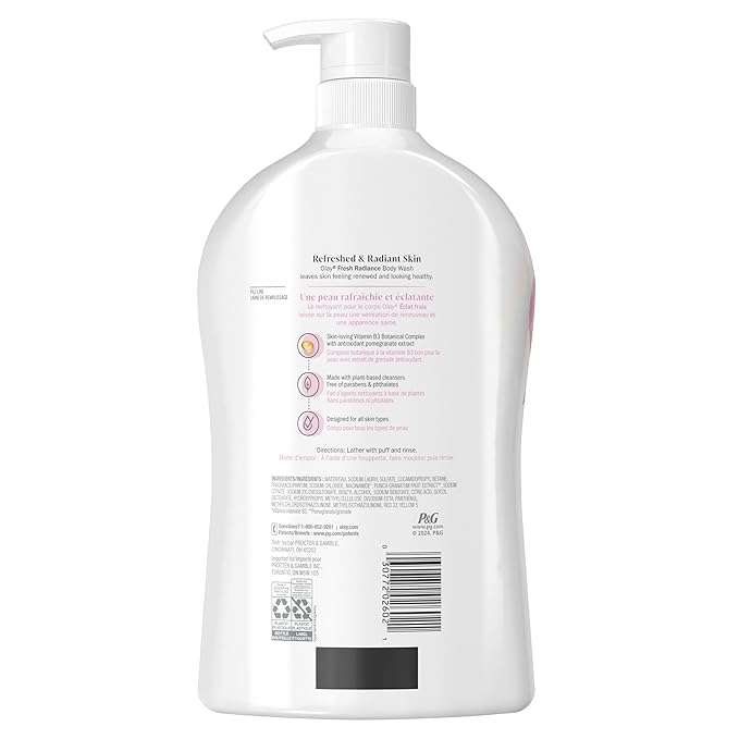 Olay Body Wash for Women, Fresh Radiance, Refreshing & Renewing, Made with Plant Based Cleansers, B3 Botanical Complex, For All Skin Types, Rose Water & Sweet Nectar Scent, 33 fl oz (Pack of 4)